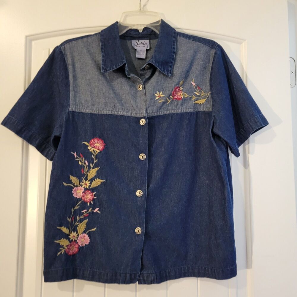 Vtg Sarin New York Embroidered womens denim top Colorblock Med Cottage Grandma